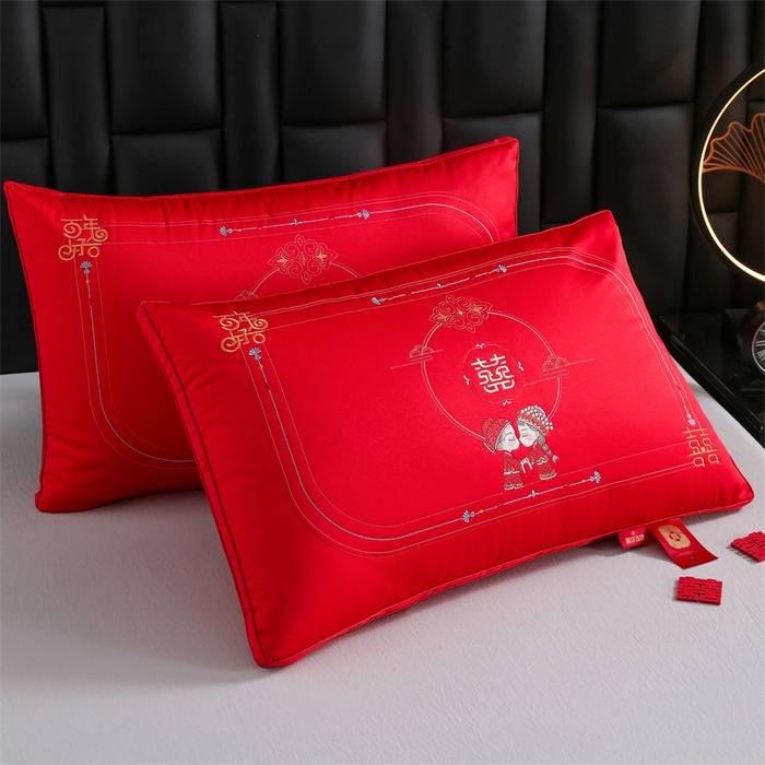 91家纺网 家纺一手货源 找家纺 织布人 2025新款枕芯轻奢A类贡缎天丝刺绣婚庆枕头大红结婚专用枕芯 A类贡缎天丝枕-山盟海誓