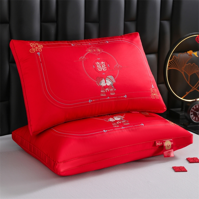 91家纺网 家纺一手货源 找家纺 织布人 2025新款枕芯轻奢A类贡缎天丝刺绣婚庆枕头大红结婚专用枕芯 A类贡缎天丝枕-山盟海誓
