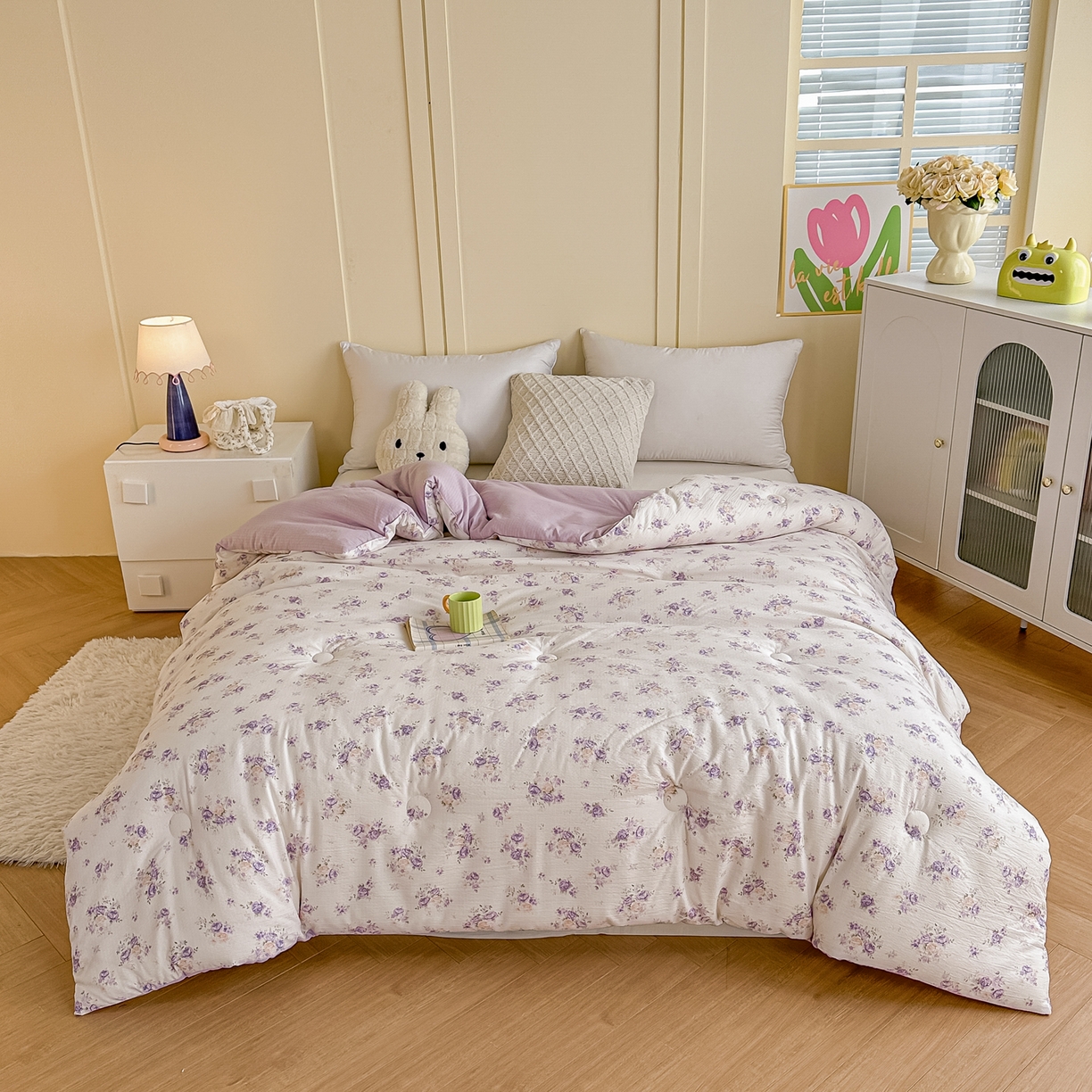 91家纺网 家纺一手货源 找家纺 佳鸿家纺 2025新款云感双层纱冬被软糯云朵棉春秋被被子加厚被芯 紫花梦境