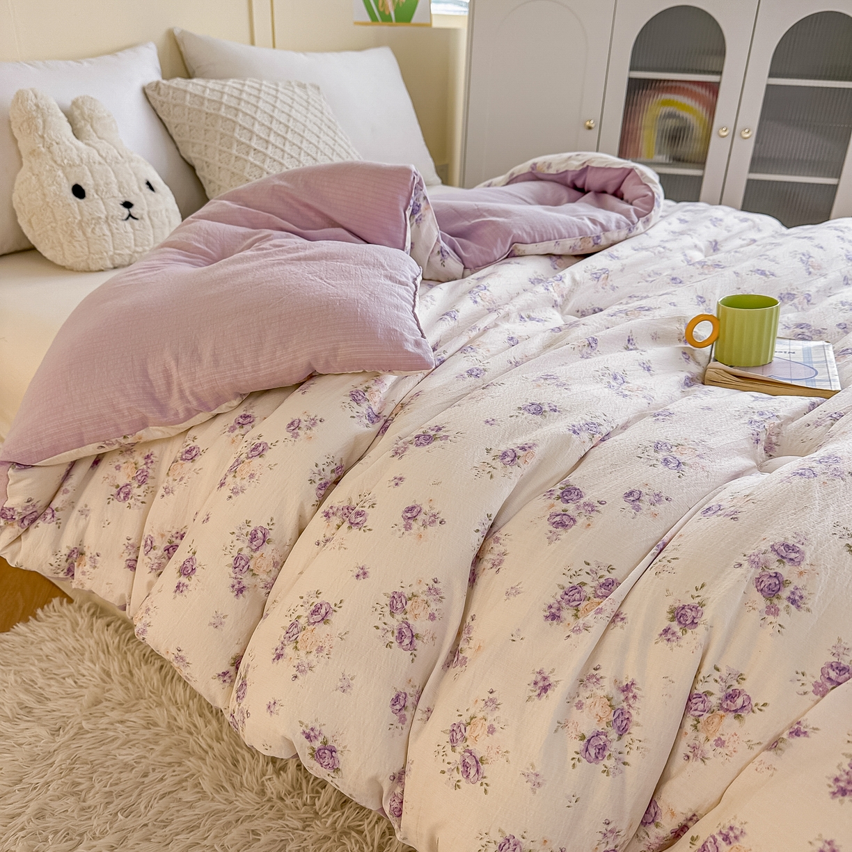 91家纺网 家纺一手货源 找家纺 佳鸿家纺 2025新款云感双层纱冬被软糯云朵棉春秋被被子加厚被芯 紫花梦境