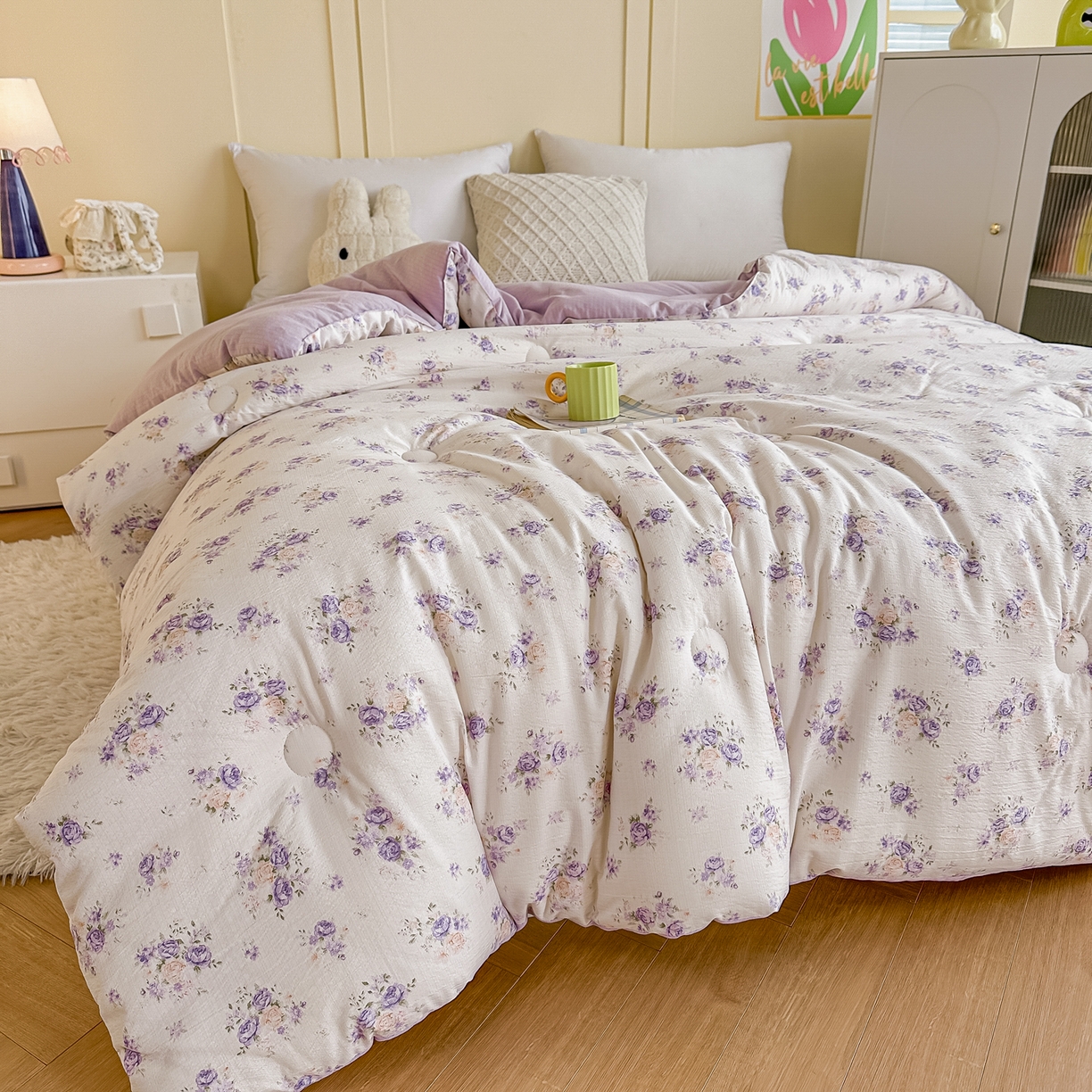 91家纺网 家纺一手货源 找家纺 佳鸿家纺 2025新款云感双层纱冬被软糯云朵棉春秋被被子加厚被芯 紫花梦境