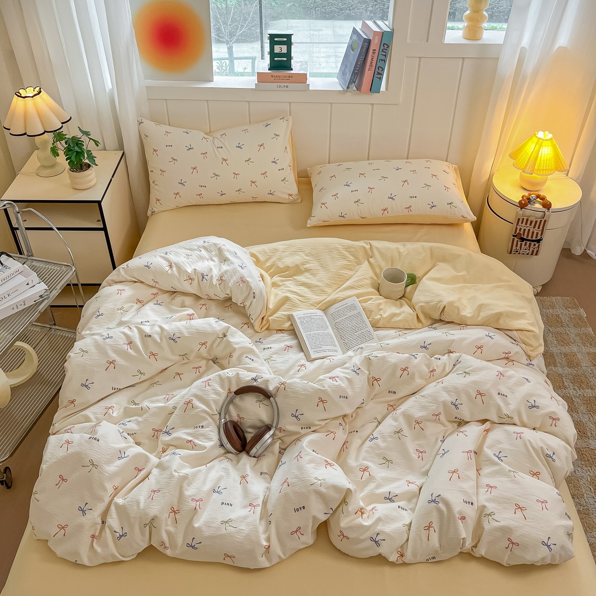 91家纺网 家纺一手货源 找家纺 佳鸿家纺 2025新款卡通云感双层纱四件套碎花学生宿舍三件套床单款 彩色蝴蝶结