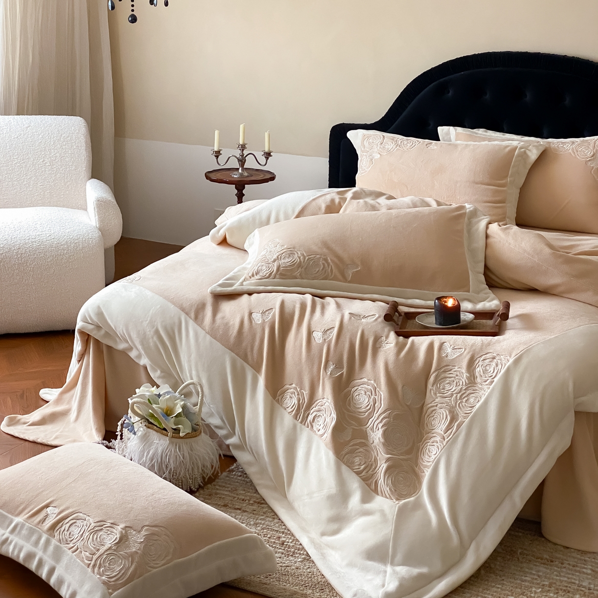 91家纺网 家纺一手货源 找家纺 （总）云栖家居 2025新款加厚立体防静电绣花牛奶绒刺绣四件套花影