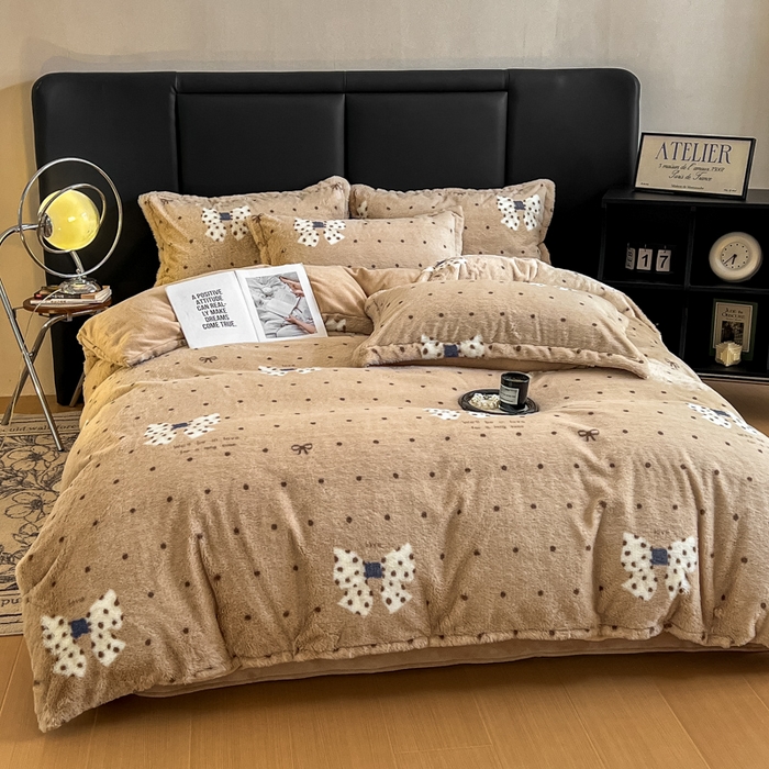 91家纺网 家纺一手货源 找家纺 弗苓家纺 2025新款亲肤舒适兔毛绒四件套 蝴蝶结点点-咖