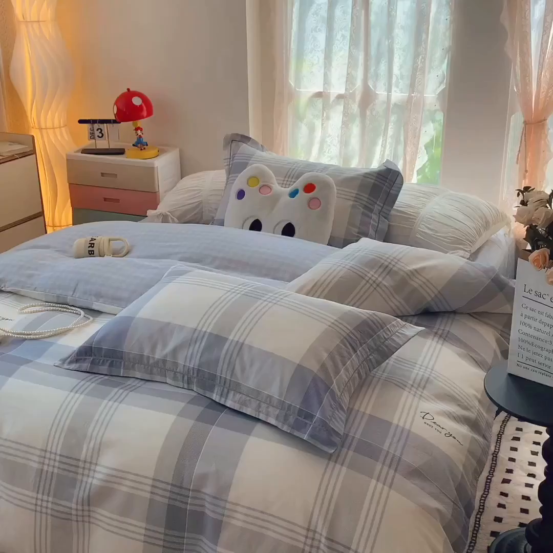 91家纺网 家纺一手货源 找家纺 莱豫家纺 2025新款亲肤舒适小清新印花全棉四件套第七批 浅念格