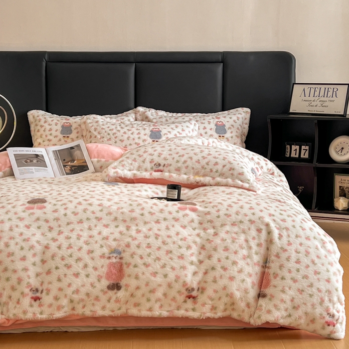 91家纺网 家纺一手货源 找家纺 弗苓家纺 2025新款亲肤舒适兔毛绒四件套 花园兔