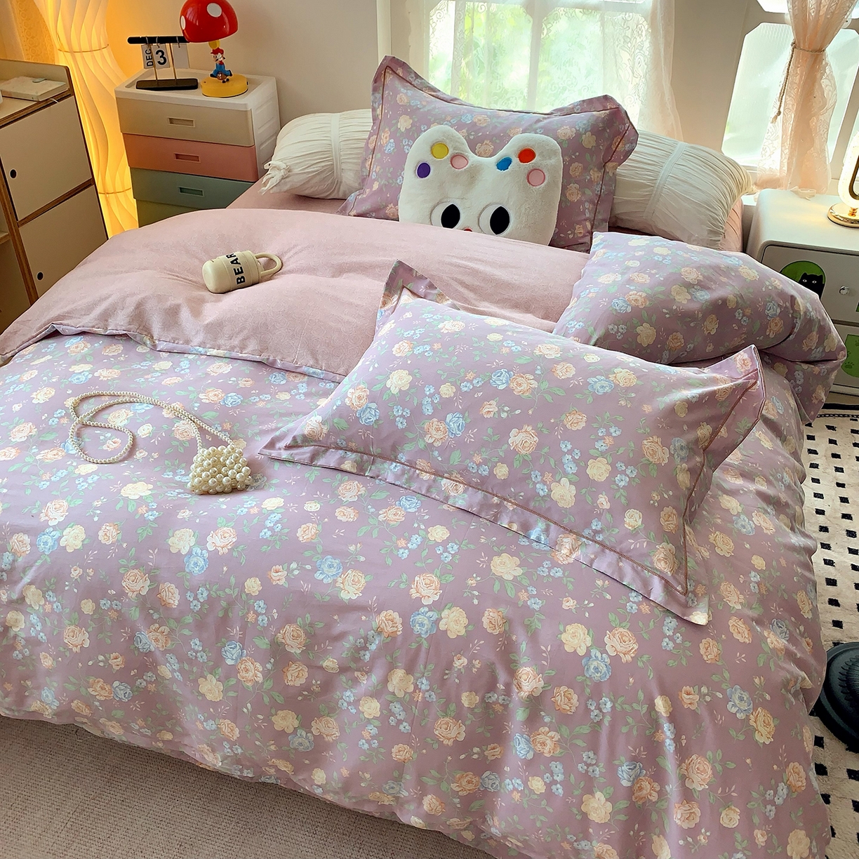 91家纺网 家纺一手货源 找家纺 莱豫家纺 2025新款亲肤舒适小清新印花全棉四件套第七批 浅笑嫣然