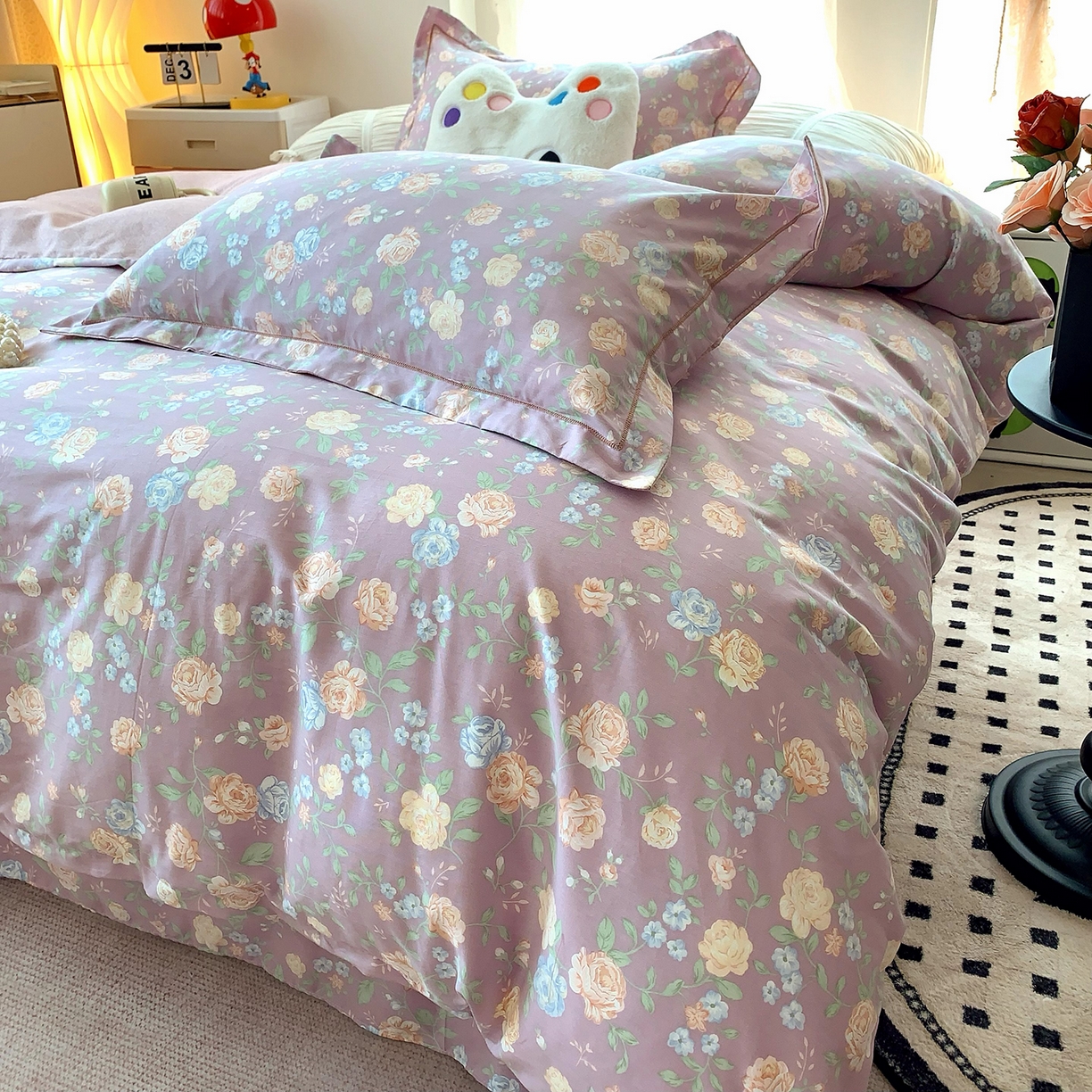 91家纺网 家纺一手货源 找家纺 莱豫家纺 2025新款亲肤舒适小清新印花全棉四件套第七批 浅笑嫣然