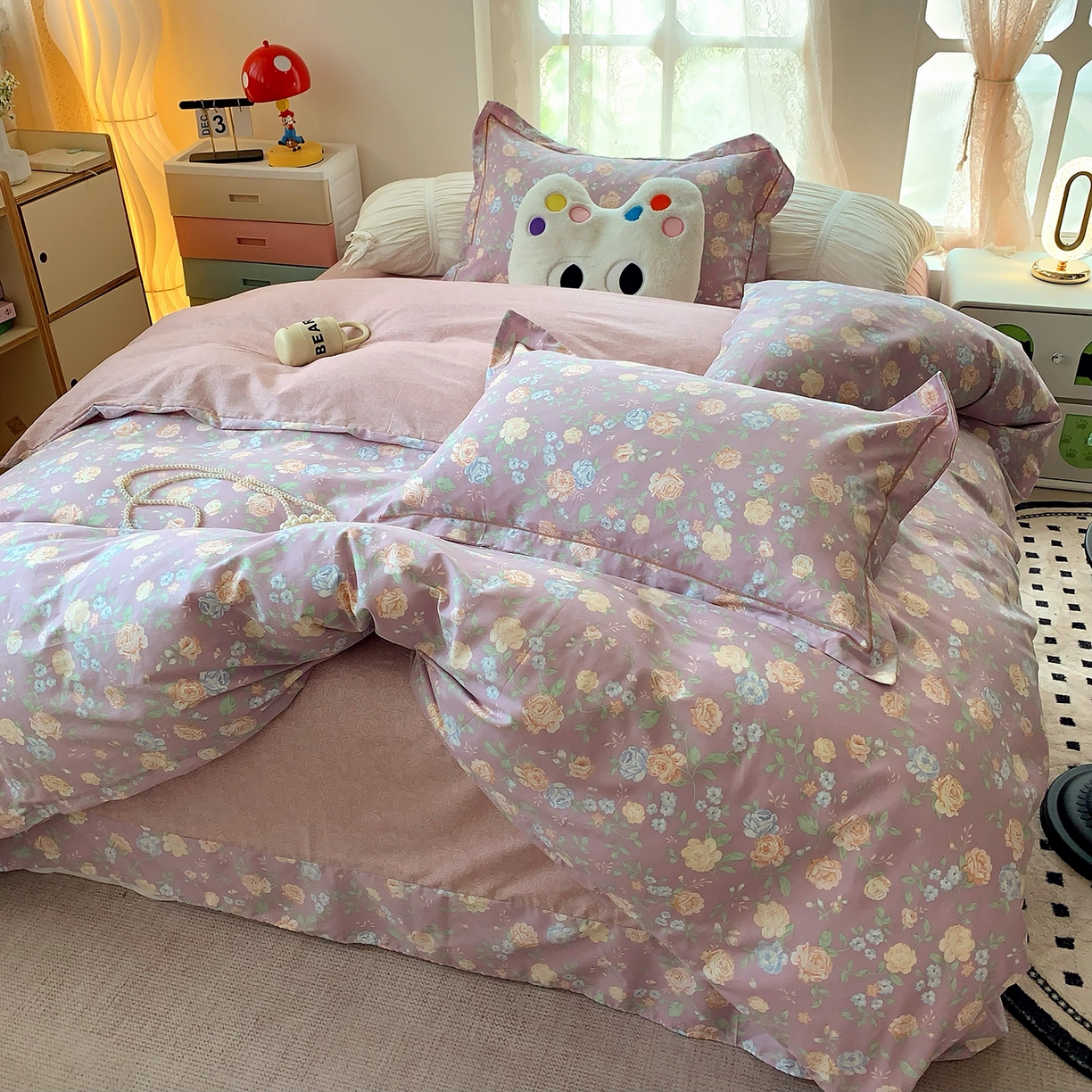 91家纺网 家纺一手货源 找家纺 莱豫家纺 2025新款亲肤舒适小清新印花全棉四件套第七批 浅笑嫣然