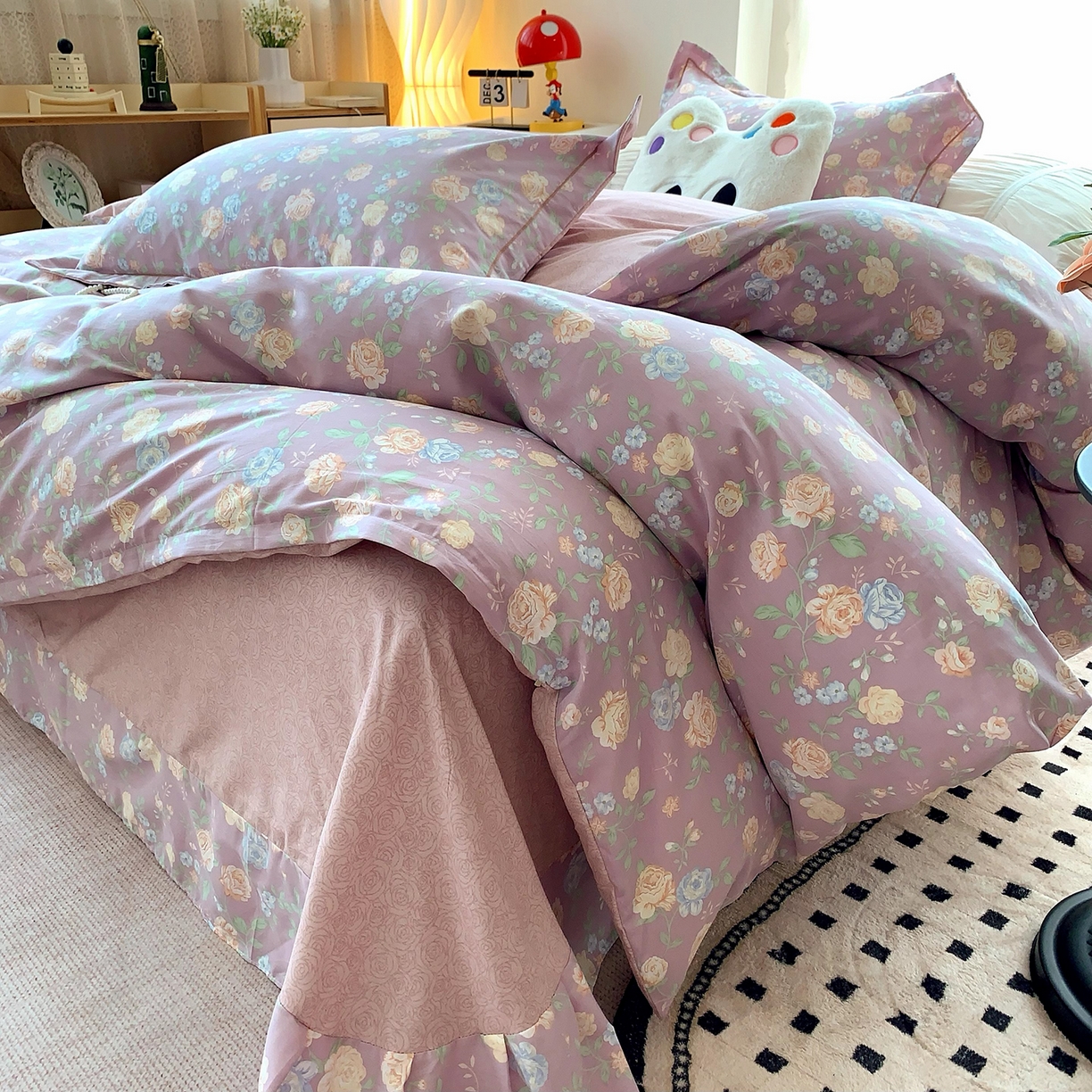 91家纺网 家纺一手货源 找家纺 莱豫家纺 2025新款亲肤舒适小清新印花全棉四件套第七批 浅笑嫣然