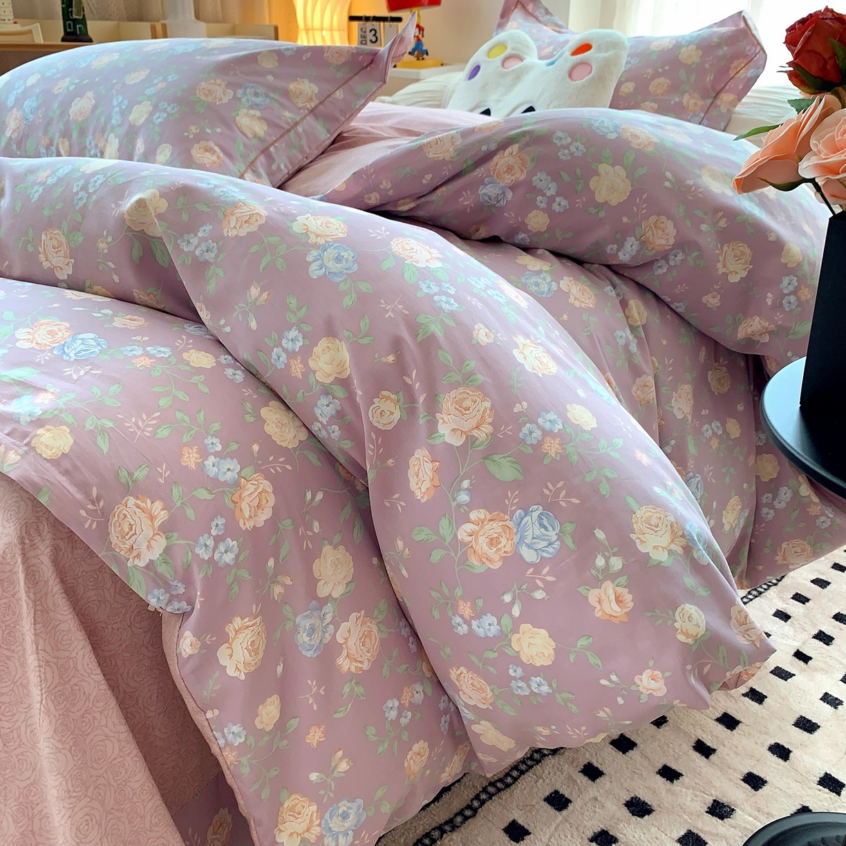 91家纺网 家纺一手货源 找家纺 莱豫家纺 2025新款亲肤舒适小清新印花全棉四件套第七批 浅笑嫣然