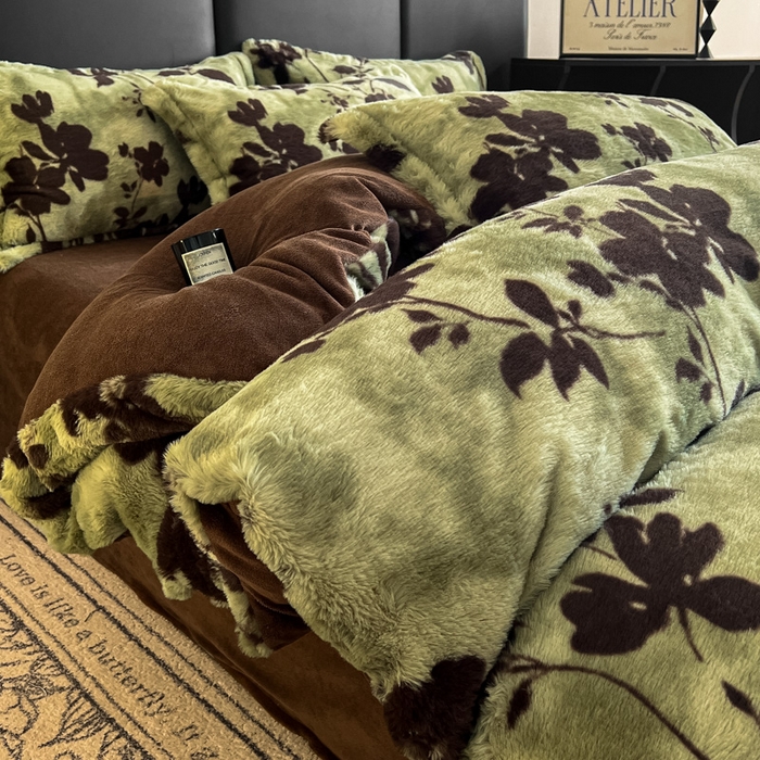 弗苓家纺 2025新款亲肤舒适兔毛绒四件套 花枝-绿