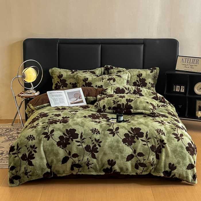 91家纺网 家纺一手货源 找家纺 弗苓家纺 2025新款亲肤舒适兔毛绒四件套 花枝-绿