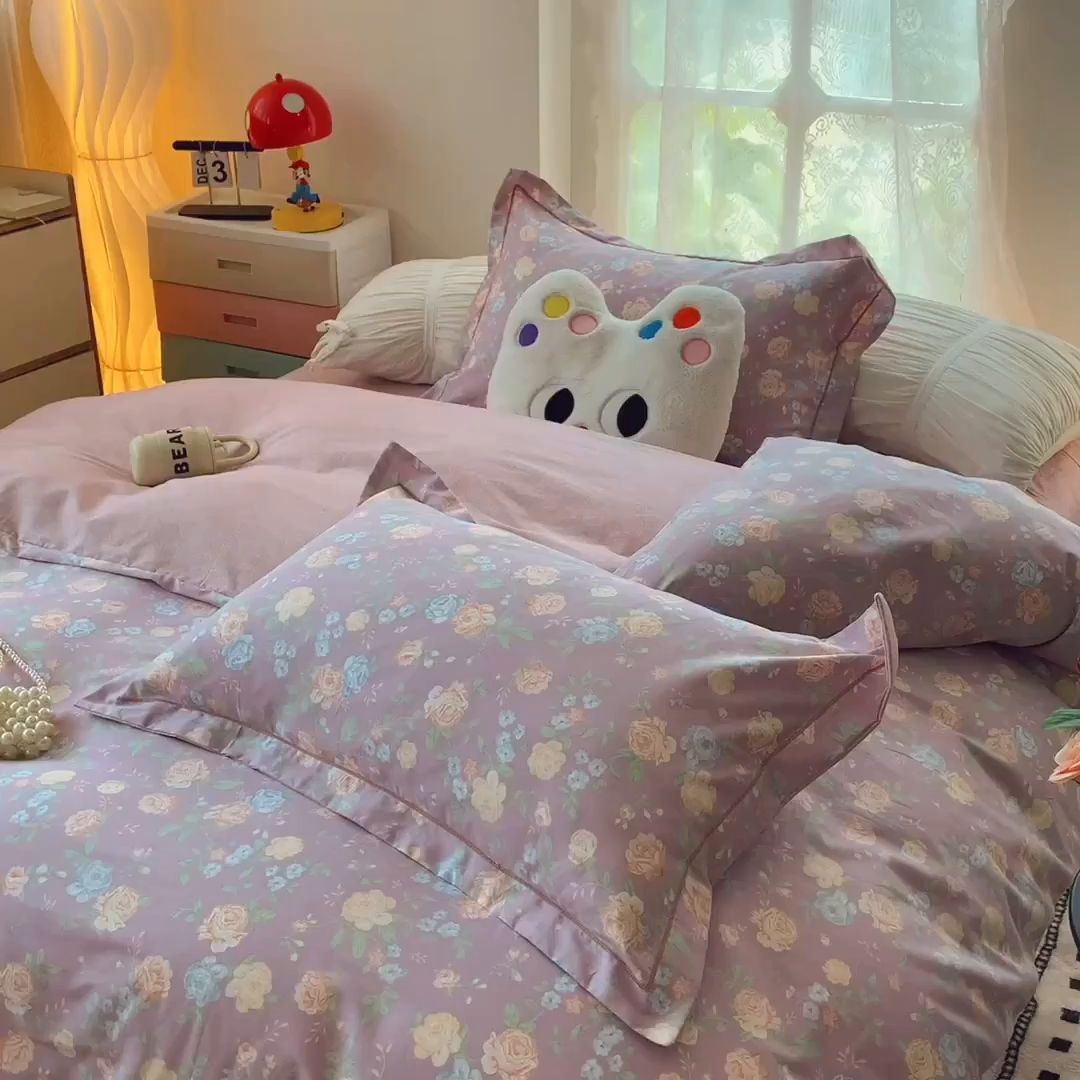 91家纺网 家纺一手货源 找家纺 莱豫家纺 2025新款亲肤舒适小清新印花全棉四件套第七批 浅笑嫣然