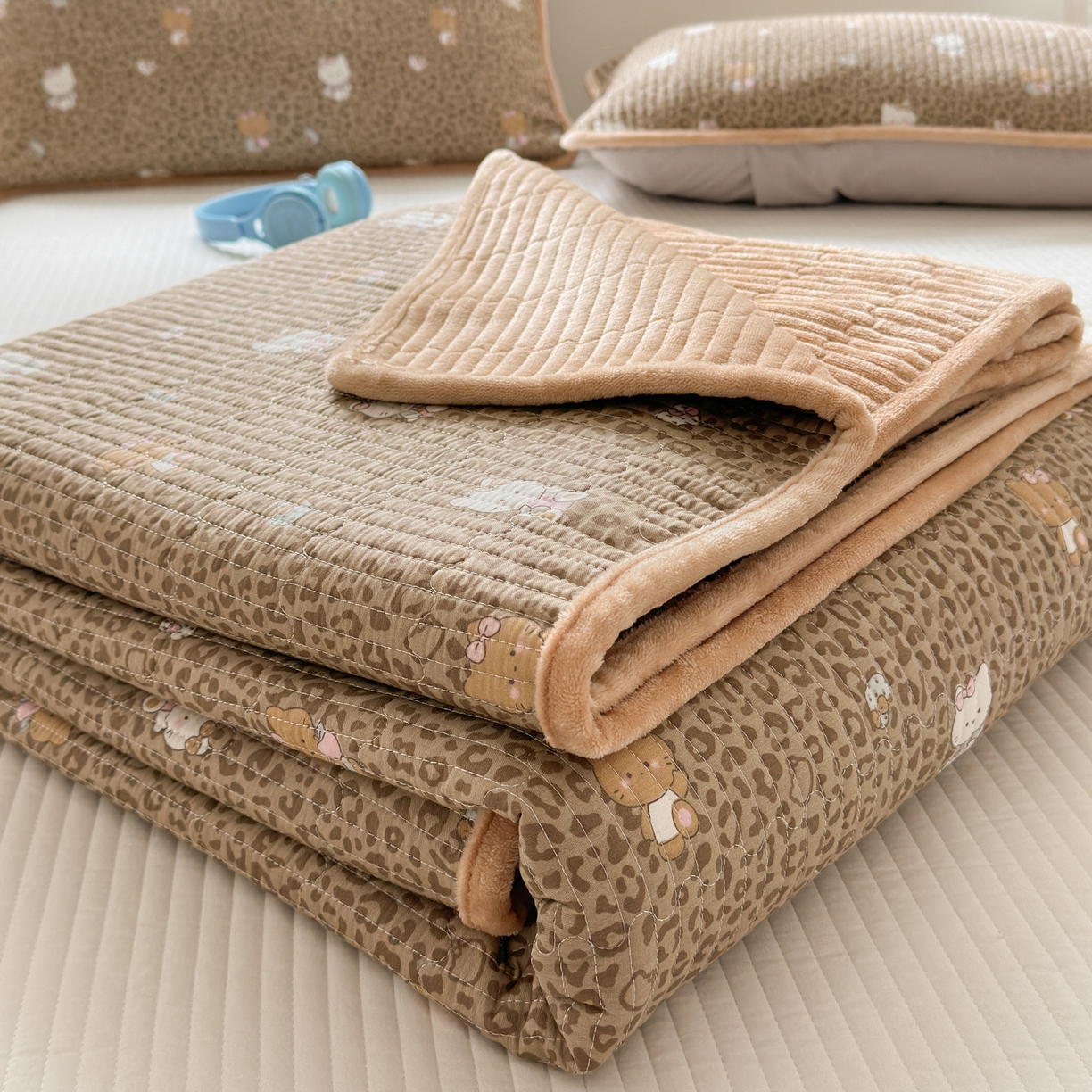 91家纺网 家纺一手货源 找家纺 Sweet dreams甜梦 2025新款牛奶绒全棉床盖三件套 豹纹猫奶咖