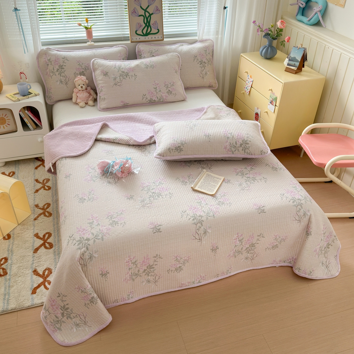 91家纺网 家纺一手货源 找家纺 Sweet dreams甜梦 2025新款牛奶绒全棉床盖三件套 紫语