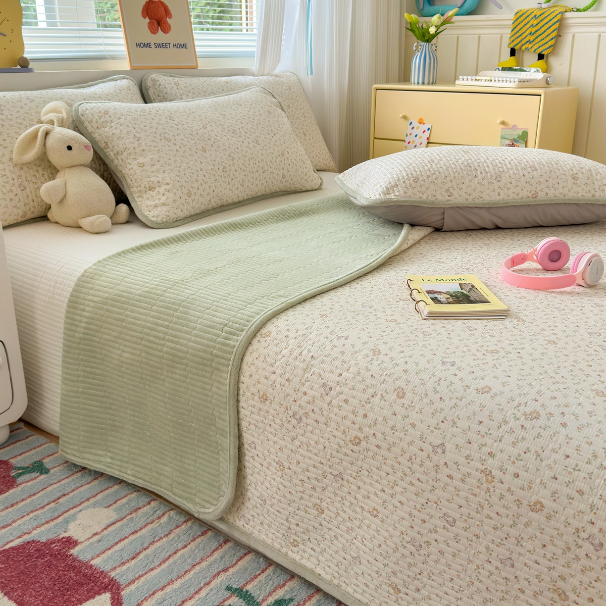 91家纺网 家纺一手货源 找家纺 Sweet dreams甜梦 2025新款牛奶绒全棉床盖三件套 花园小兔