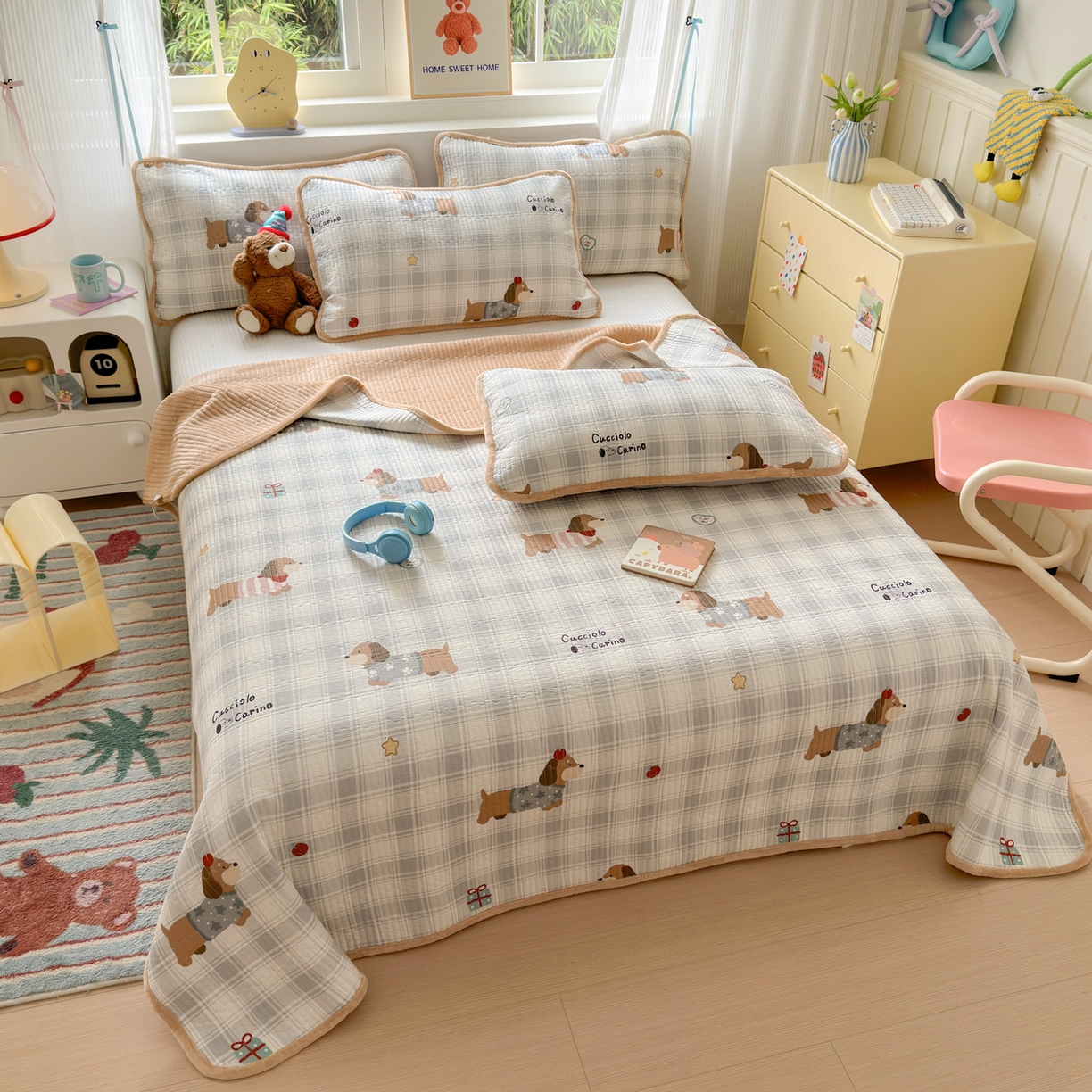 91家纺网 家纺一手货源 找家纺 Sweet dreams甜梦 2025新款牛奶绒全棉床盖三件套 毛衣小狗