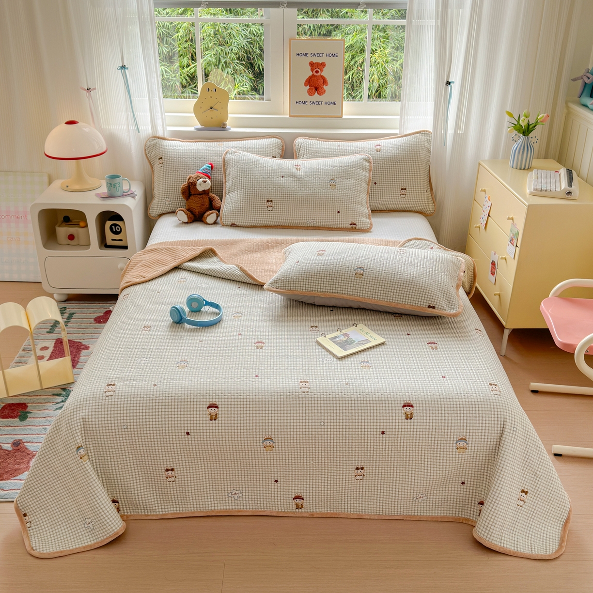 91家纺网 家纺一手货源 找家纺 Sweet dreams甜梦 2025新款牛奶绒全棉床盖三件套 格子布布