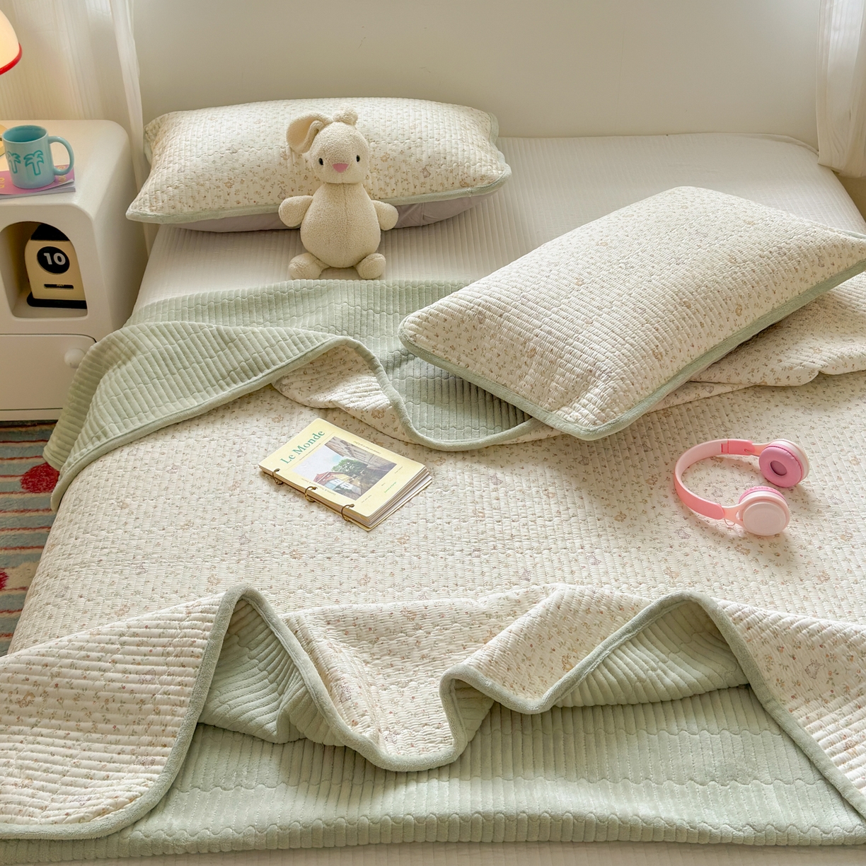 91家纺网 家纺一手货源 找家纺 Sweet dreams甜梦 2025新款牛奶绒全棉床盖三件套 花园小兔