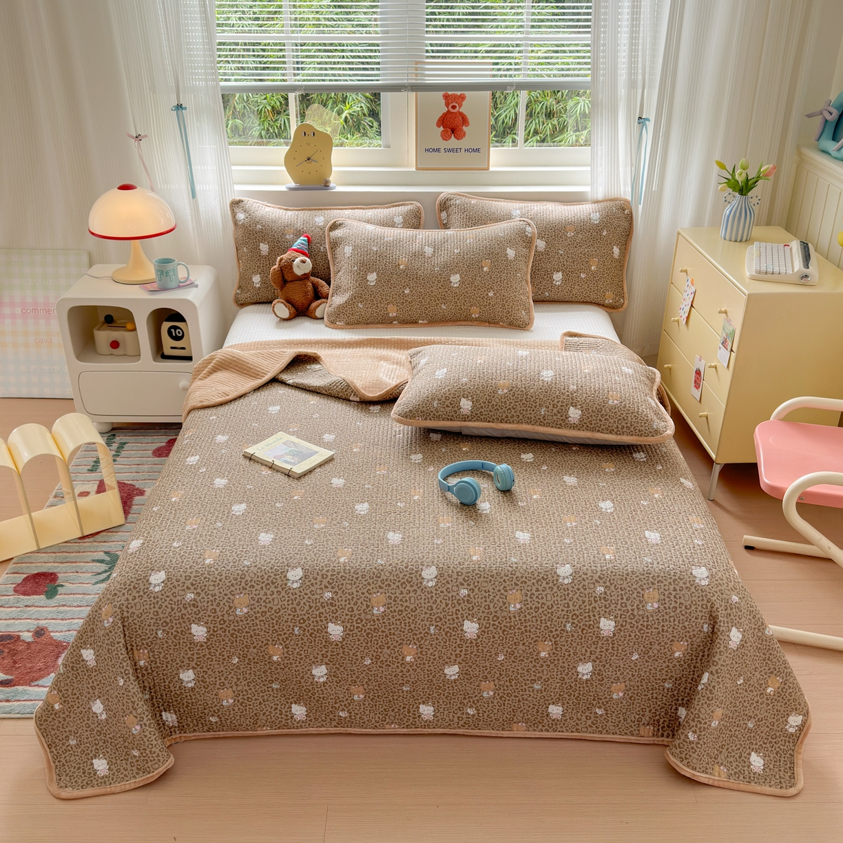 91家纺网 家纺一手货源 找家纺 Sweet dreams甜梦 2025新款牛奶绒全棉床盖三件套 豹纹猫奶咖