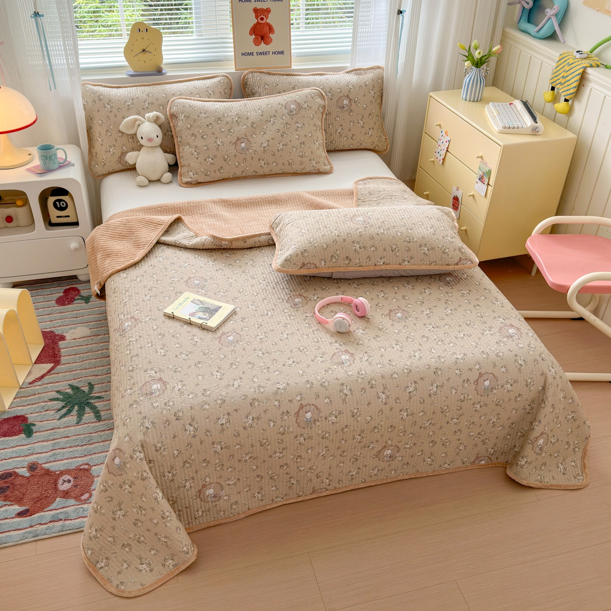 91家纺网 家纺一手货源 找家纺 Sweet dreams甜梦 2025新款牛奶绒全棉床盖三件套 奶茶兔