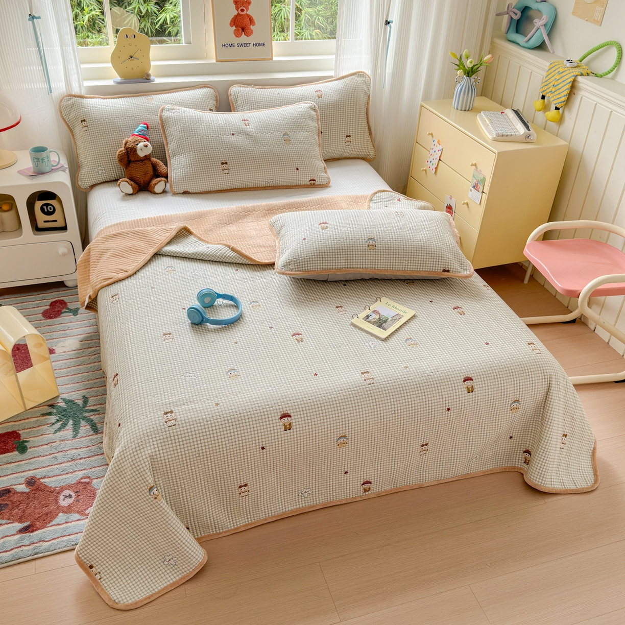 91家纺网 家纺一手货源 找家纺 Sweet dreams甜梦 2025新款牛奶绒全棉床盖三件套 格子布布