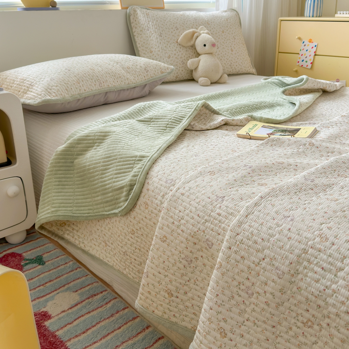 91家纺网 家纺一手货源 找家纺 Sweet dreams甜梦 2025新款牛奶绒全棉床盖三件套 花园小兔