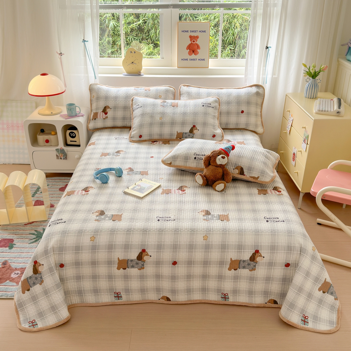 91家纺网 家纺一手货源 找家纺 Sweet dreams甜梦 2025新款牛奶绒全棉床盖三件套 毛衣小狗