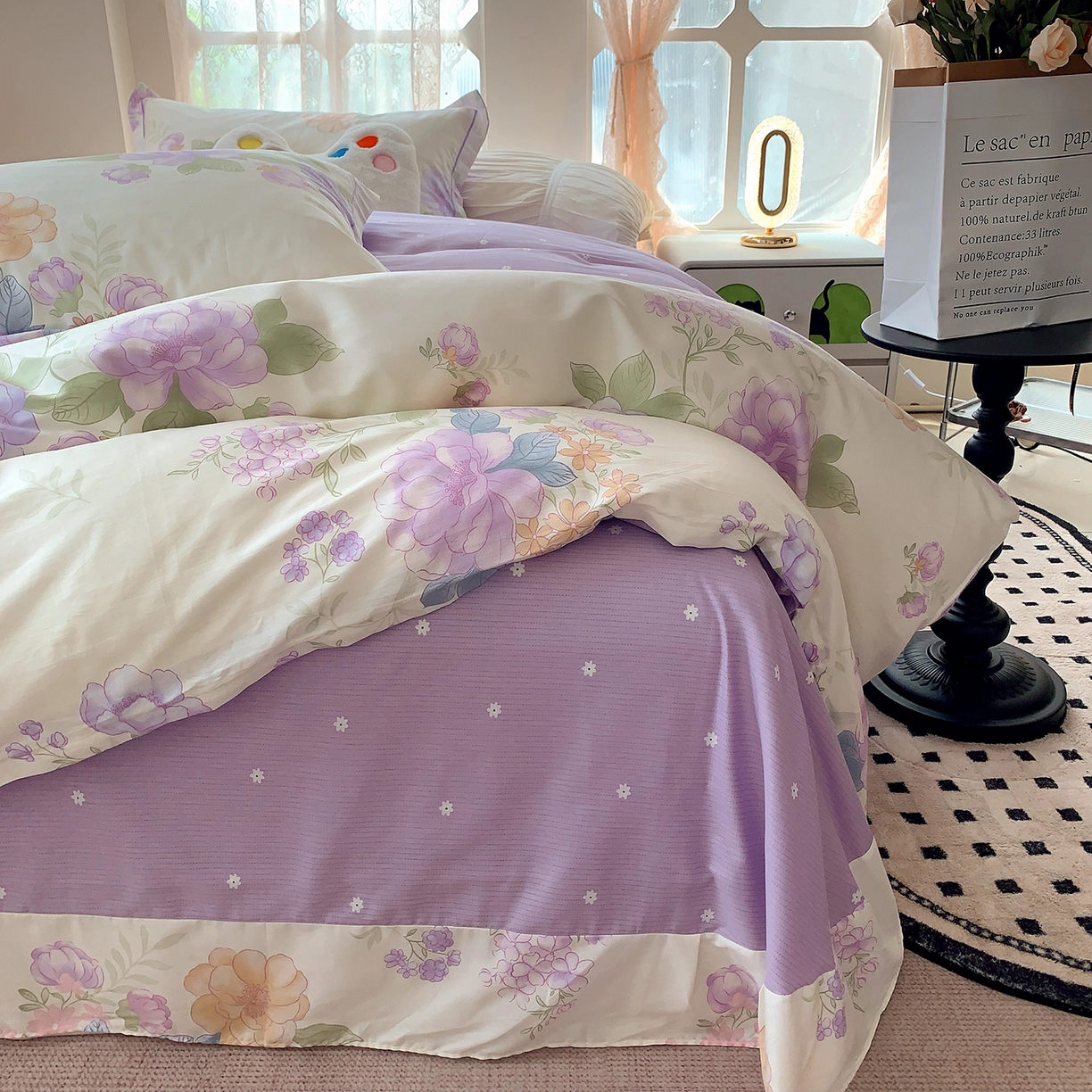 91家纺网 家纺一手货源 找家纺 莱豫家纺 2025新款亲肤舒适小清新印花全棉四件套第七批 桃之夭夭