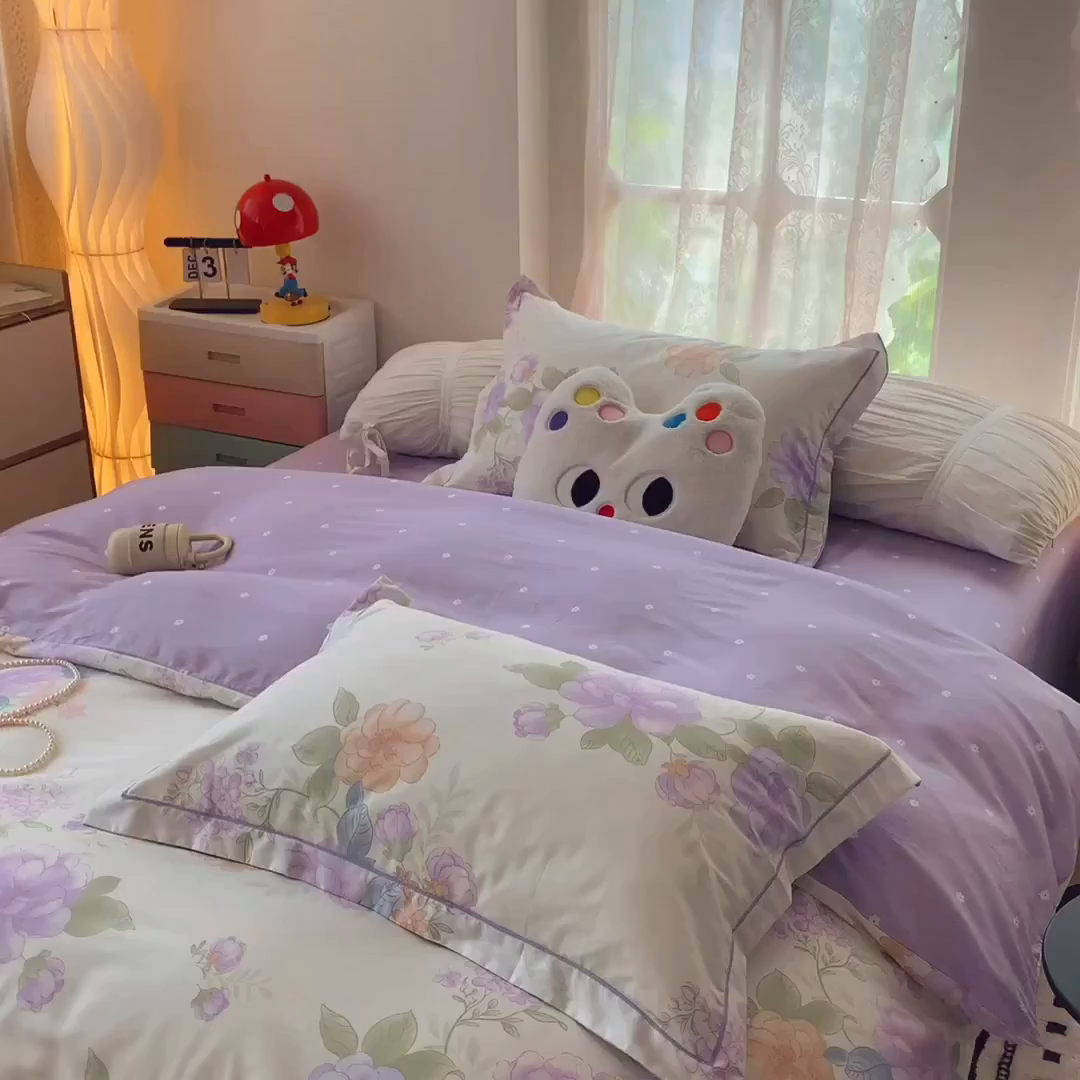 91家纺网 家纺一手货源 找家纺 莱豫家纺 2025新款亲肤舒适小清新印花全棉四件套第七批 桃之夭夭