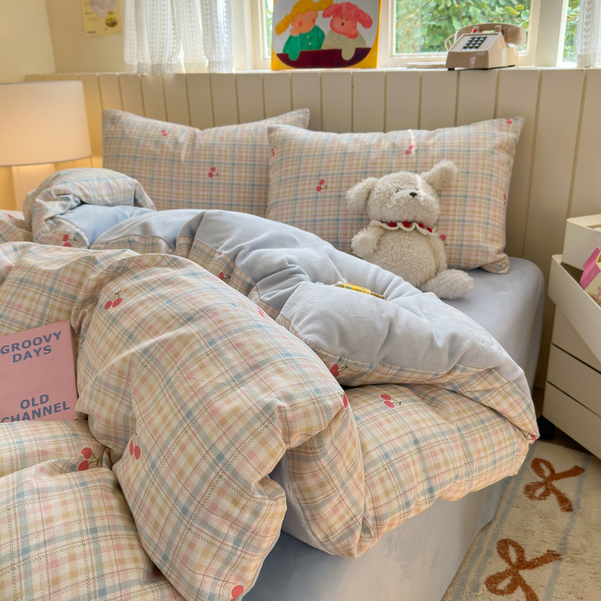 91家纺网 家纺一手货源 找家纺 Sweet dreams甜梦 2025新款棉加绒印花四件套 格子樱桃