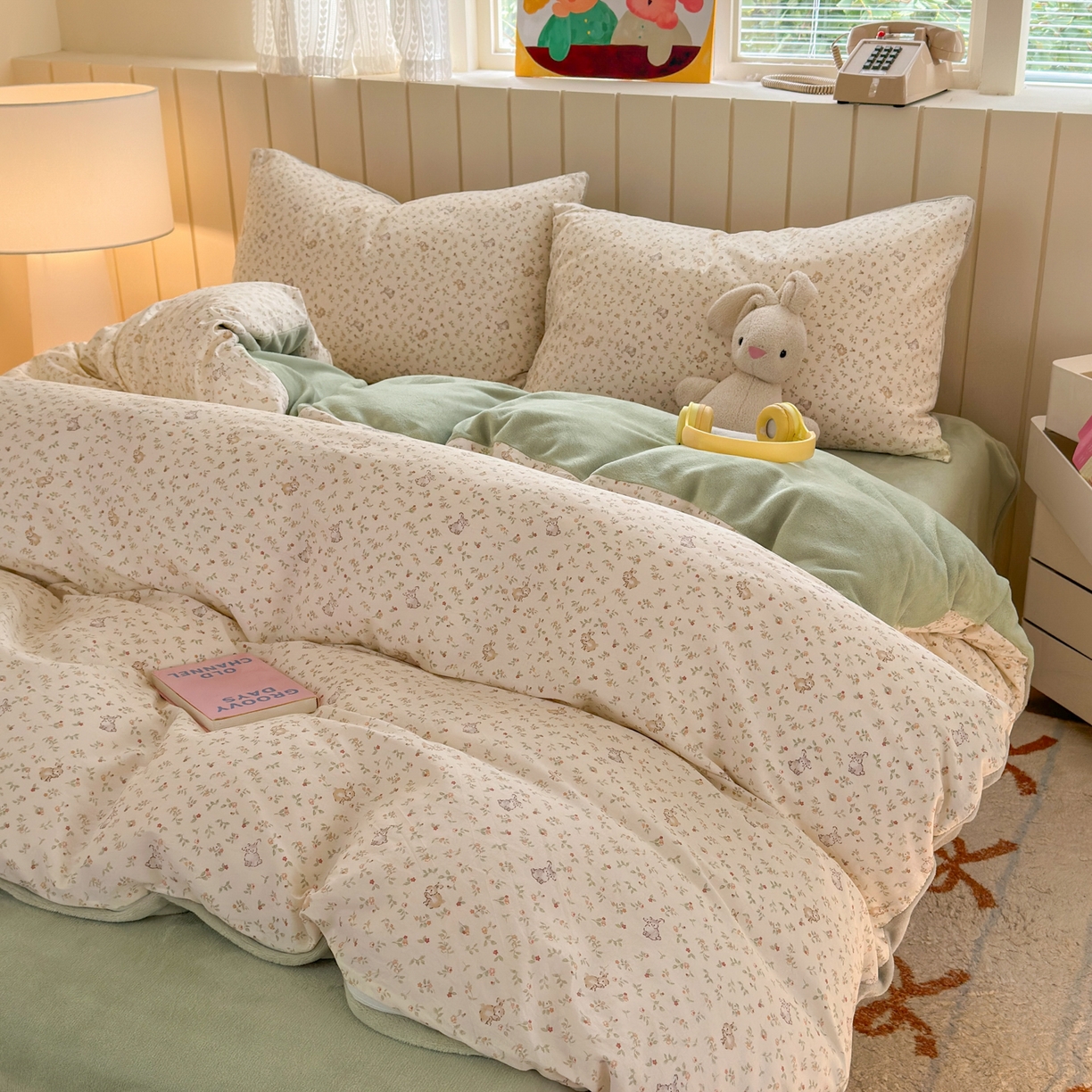 91家纺网 家纺一手货源 找家纺 Sweet dreams甜梦 2025新款棉加绒印花四件套 花园兔子