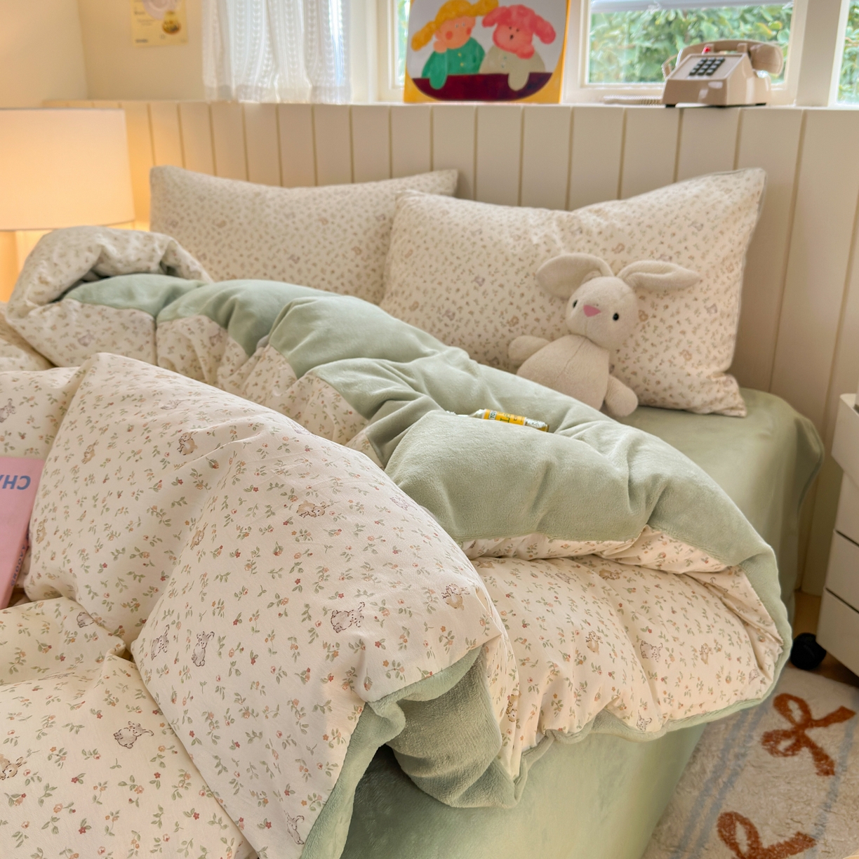 91家纺网 家纺一手货源 找家纺 Sweet dreams甜梦 2025新款棉加绒印花四件套 花园兔子