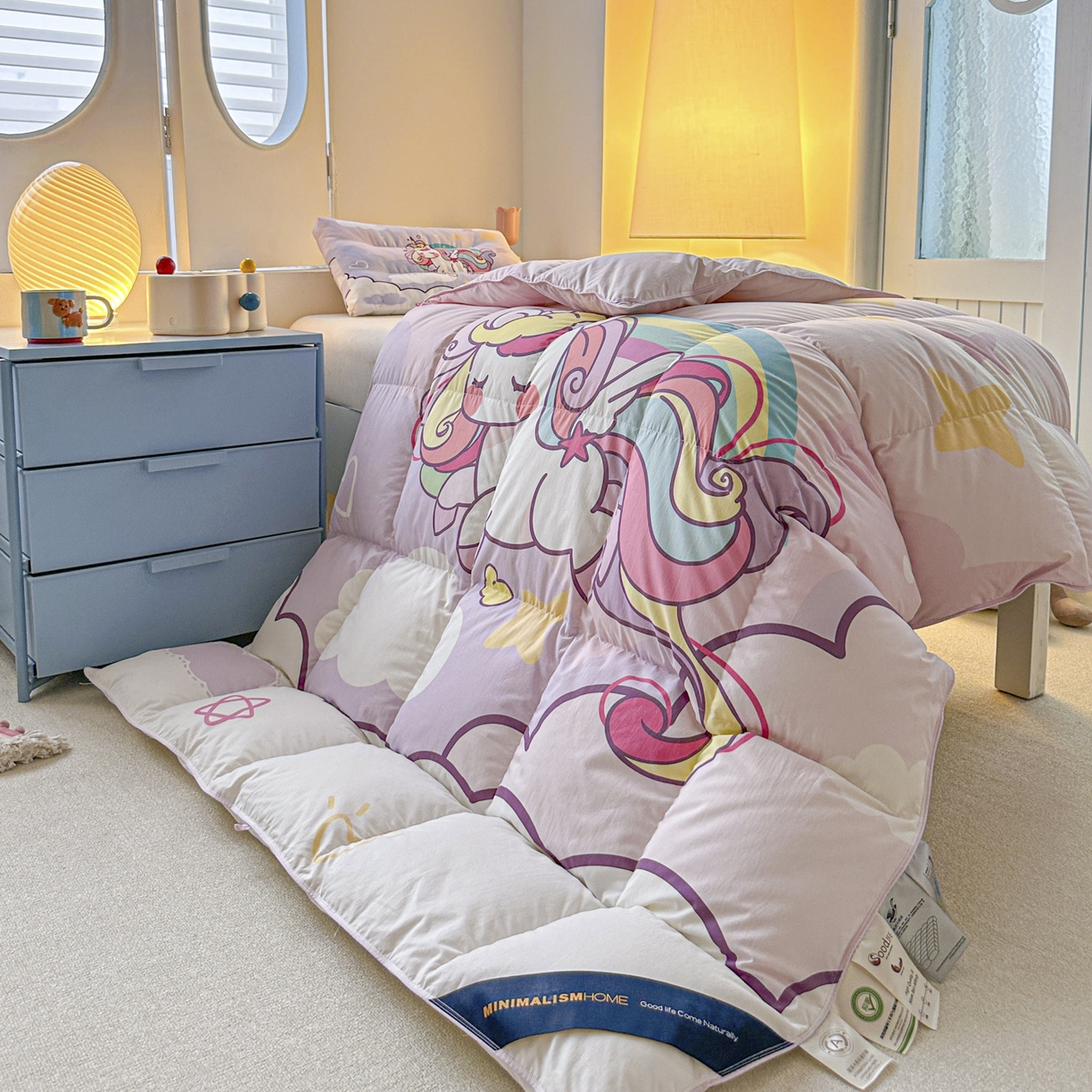 91家纺网 家纺一手货源 找家纺 暖羽屋羽绒馆 2025新款天丝莱赛尔鹅绒丝被芯 抗菌 防螨羽毛被1.2米 白鹅绒丝 儿童学生被子1.5 春秋被 云端小马儿