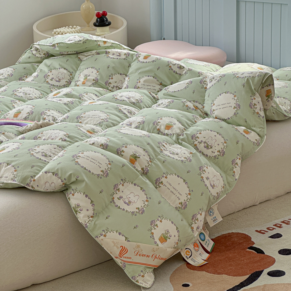 91家纺网 家纺一手货源 找家纺 暖羽屋羽绒馆 2025新款儿童纯棉鹅绒丝被芯60s卡通学生婴幼儿园1.2米羽绒被子1.5米宿舍羽绒冬被 青青小兔