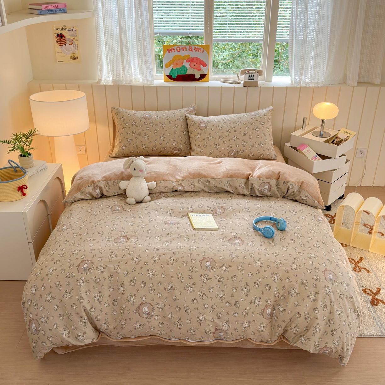 91家纺网 家纺一手货源 找家纺 Sweet dreams甜梦 2025新款棉加绒印花四件套 奶茶兔子