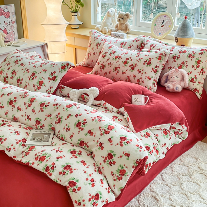 91家纺网 家纺一手货源 找家纺 弗苓家纺 2025新款加厚保暖双面牛奶绒四件套 花妖- 白