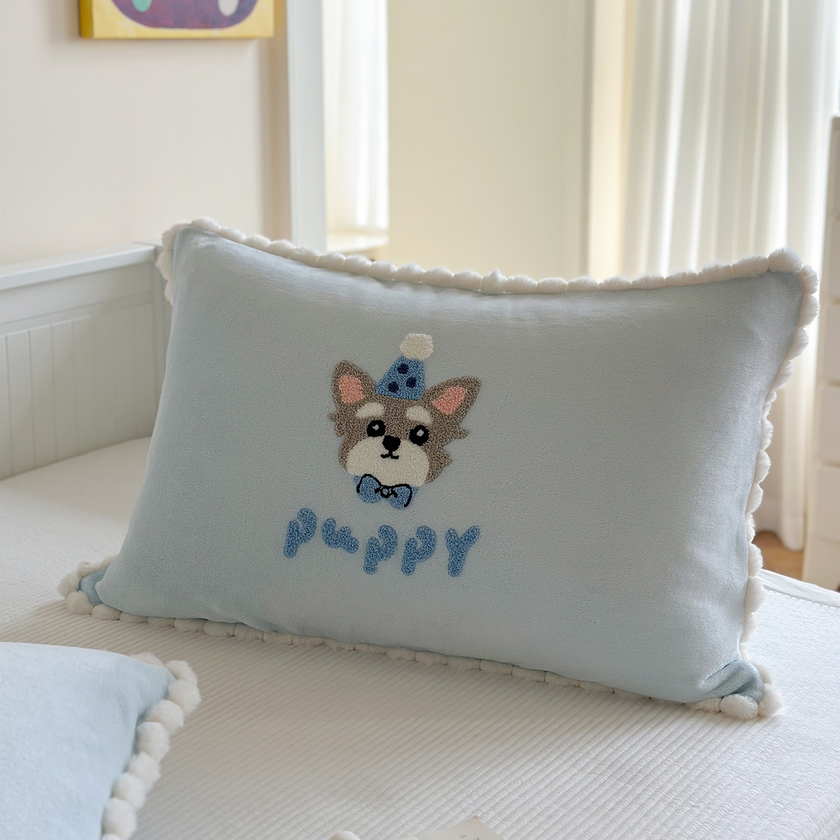 91家纺网 家纺一手货源 找家纺 寐居家纺 2025新款牛奶绒毛巾绣单枕套 领结狗·蓝