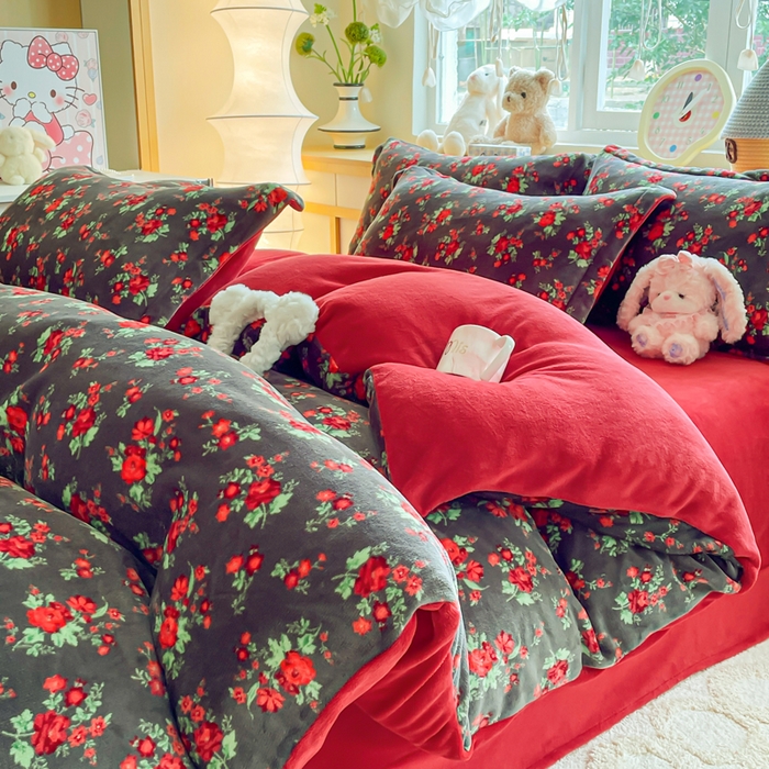 弗苓家纺 2025新款加厚保暖双面牛奶绒四件套 花妖- 黑