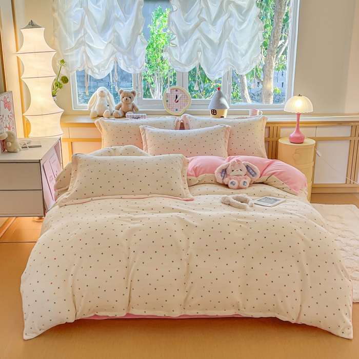 91家纺网 家纺一手货源 找家纺 弗苓家纺 2025新款加厚保暖双面牛奶绒四件套 彩波点