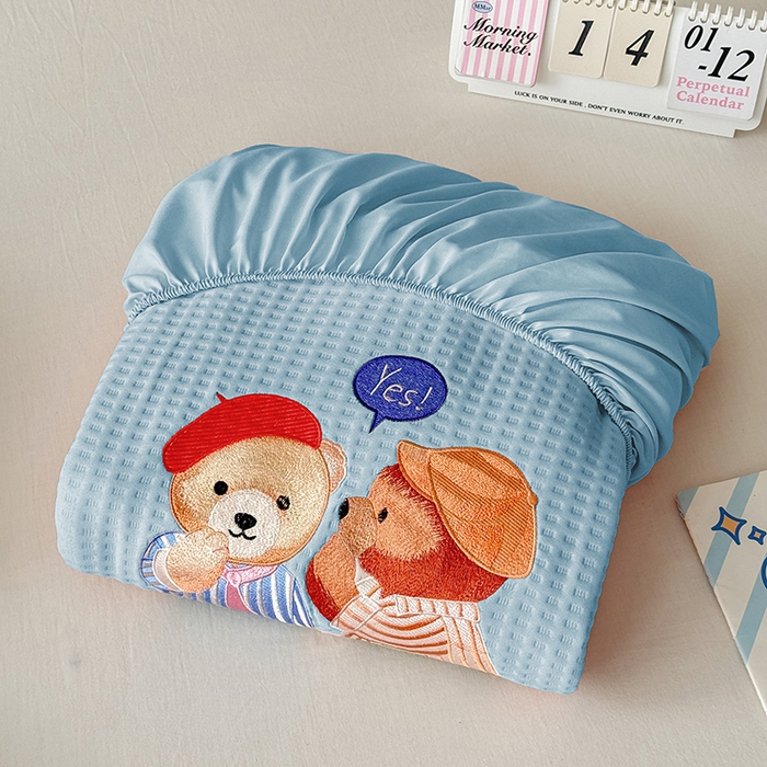 91家纺网 家纺一手货源 找家纺 大元 2025新款零压云棉刺绣款单床笠床笠单件单品床笠小熊仔 小熊仔-蓝