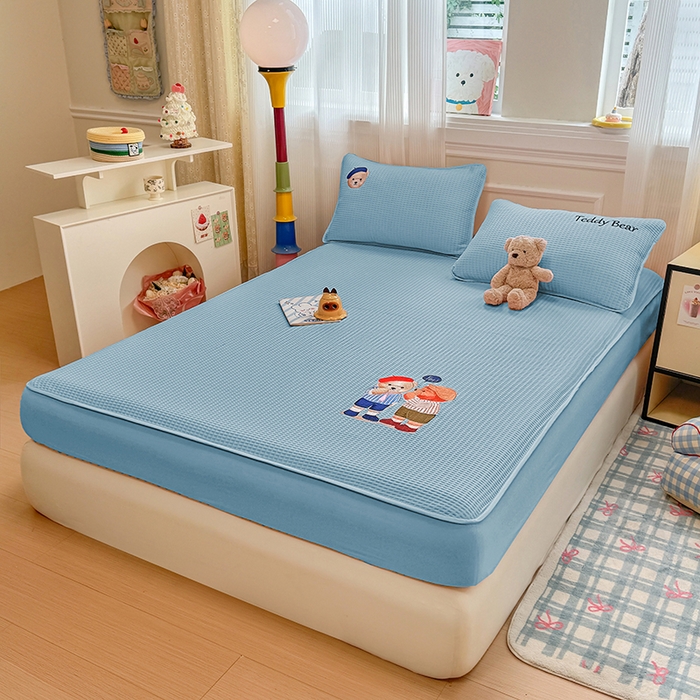 91家纺网 家纺一手货源 找家纺 大元 2025新款零压云棉刺绣款单床笠床笠单件单品床笠小熊仔 小熊仔-蓝