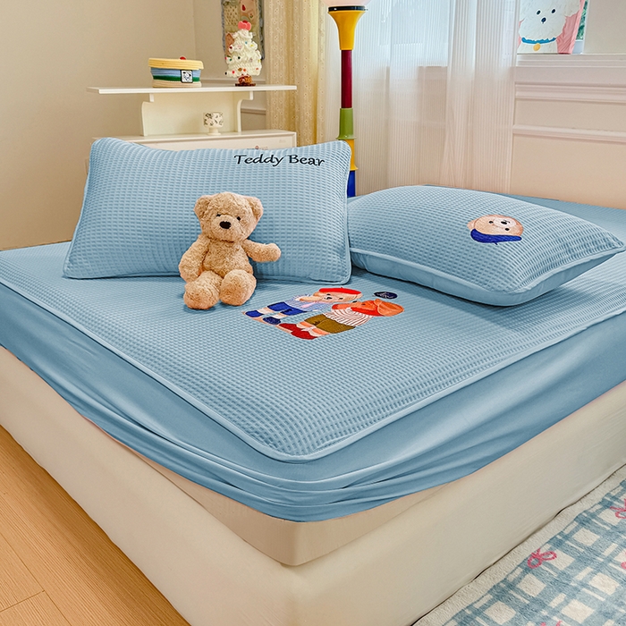 91家纺网 家纺一手货源 找家纺 大元 2025新款零压云棉刺绣款单床笠床笠单件单品床笠小熊仔 小熊仔-蓝