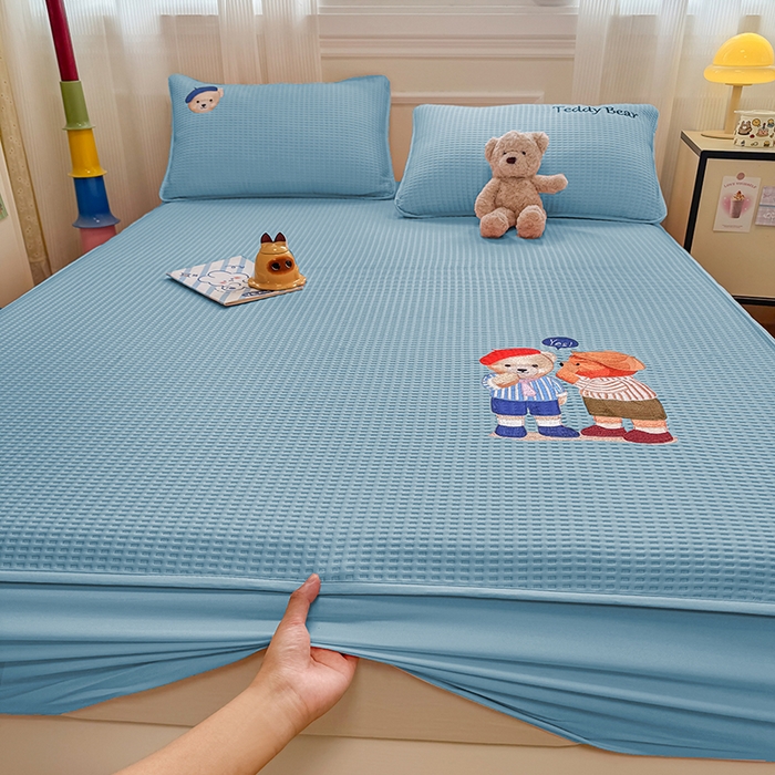 91家纺网 家纺一手货源 找家纺 大元 2025新款零压云棉刺绣款单床笠床笠单件单品床笠小熊仔 小熊仔-蓝