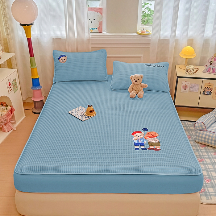 91家纺网 家纺一手货源 找家纺 大元 2025新款零压云棉刺绣款单床笠床笠单件单品床笠小熊仔 小熊仔-蓝