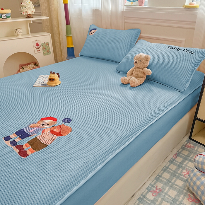 91家纺网 家纺一手货源 找家纺 大元 2025新款零压云棉刺绣款单床笠床笠单件单品床笠小熊仔 小熊仔-蓝