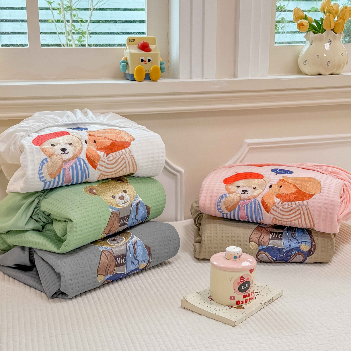 91家纺网 家纺一手货源 找家纺 大元 2025新款零压云棉刺绣款单床笠床笠单件单品床笠小熊仔 组合图仅供展示不可下单