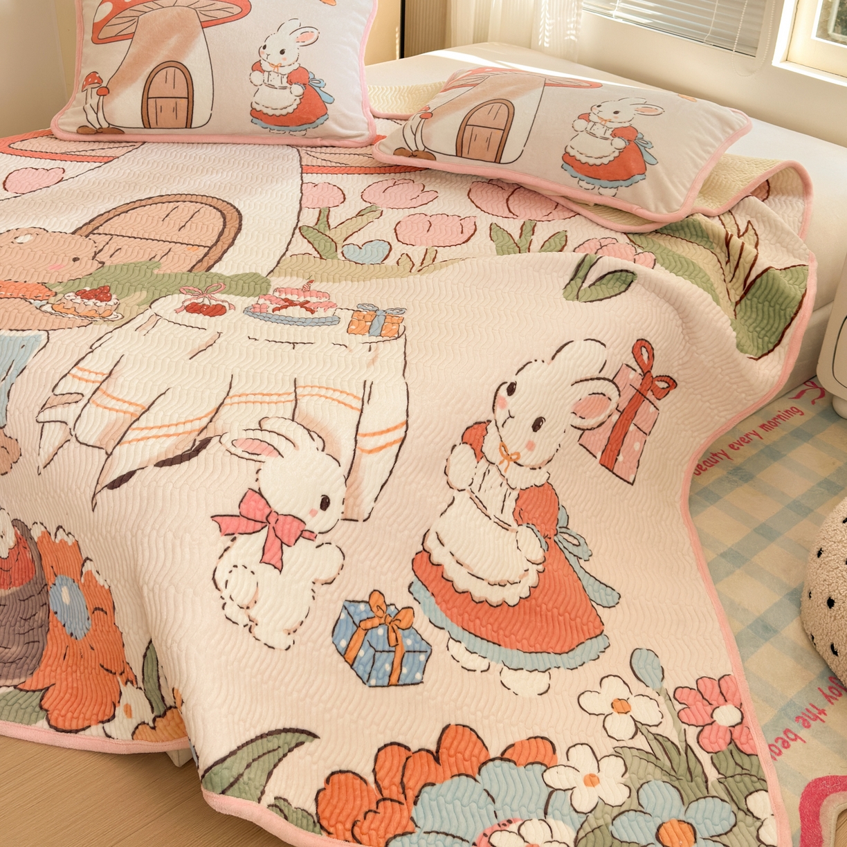 91家纺网 家纺一手货源 找家纺 寐居家纺 2025新款牛奶绒数码大版单床盖 唤春假日