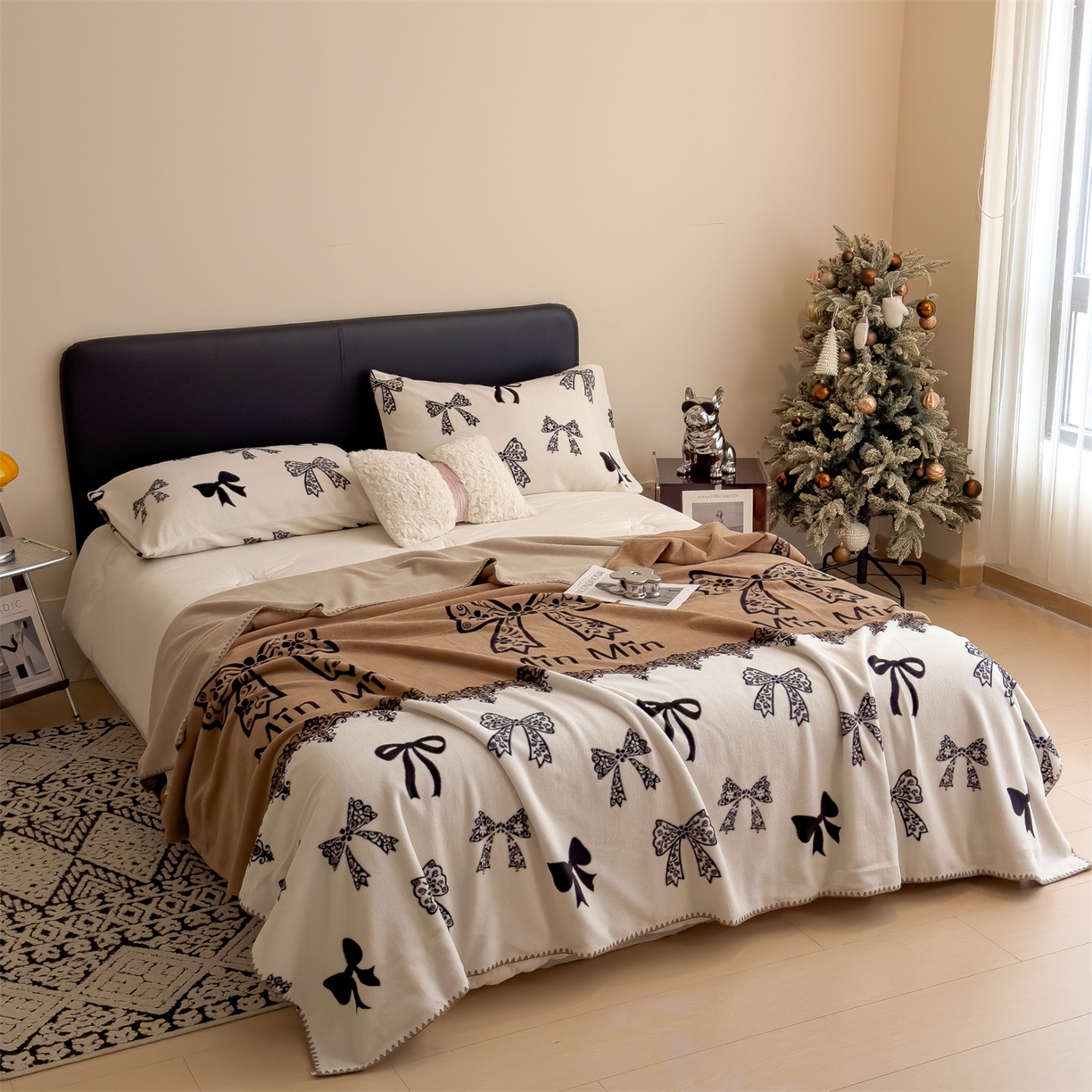 91家纺网 家纺一手货源 找家纺 慕木家纺 2025新款高克重印花仿羊绒双层毛毯毛毯毯子（可供跨境提供买家秀） 蕾丝蝶梦-咖